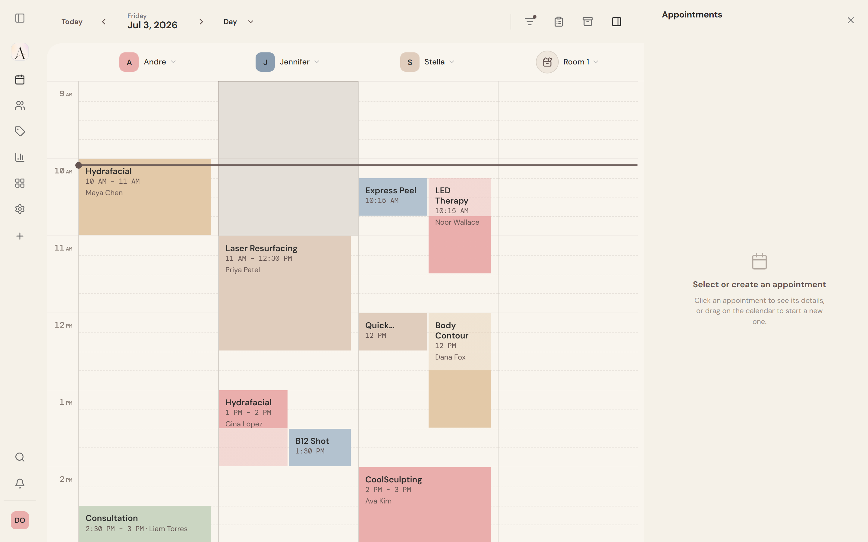 The Anyura calendar, day view: four provider columns with treatments booked through the morning.