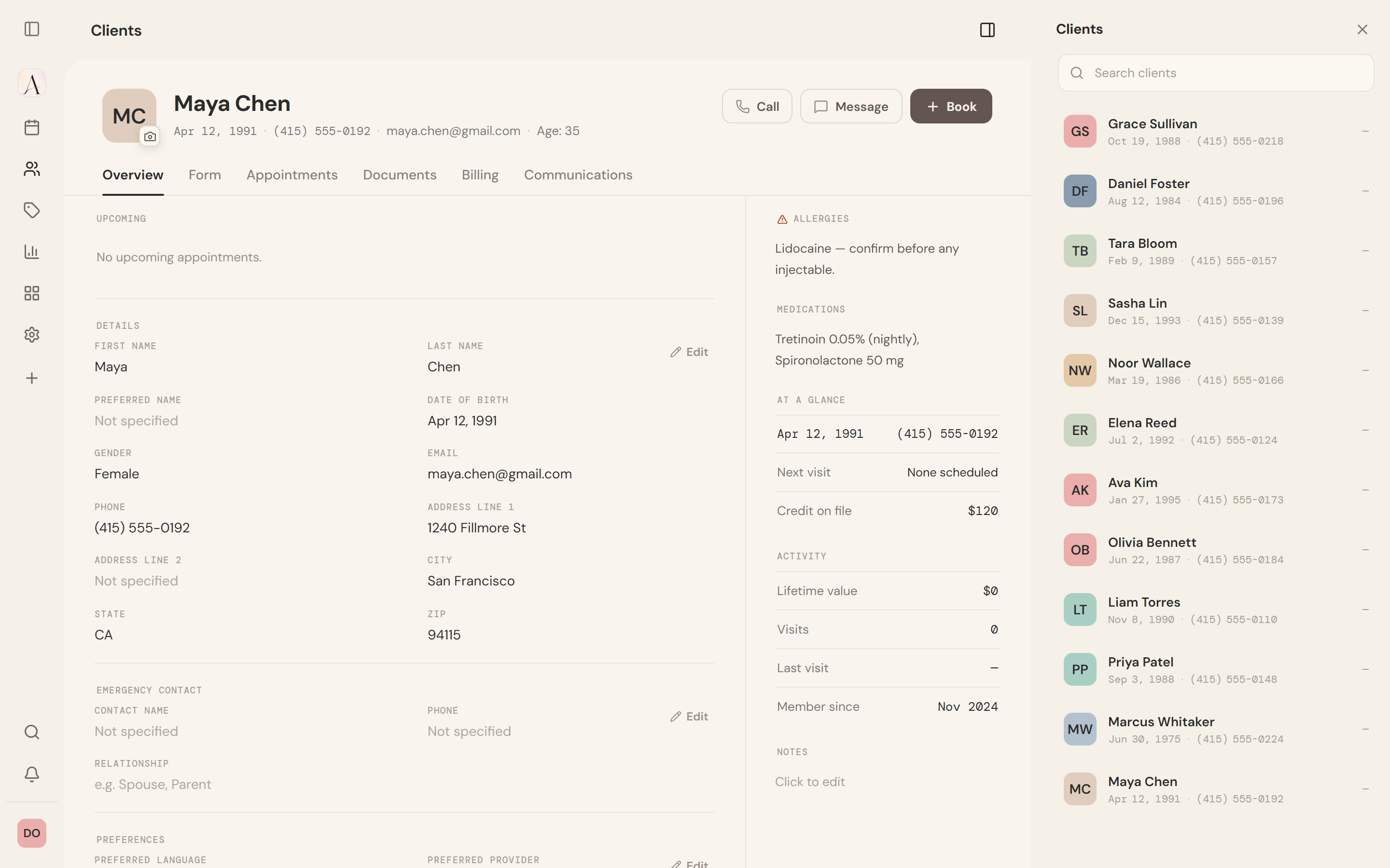 An Anyura client record: the profile header, its tabs, the details, and the standing context beside them.
